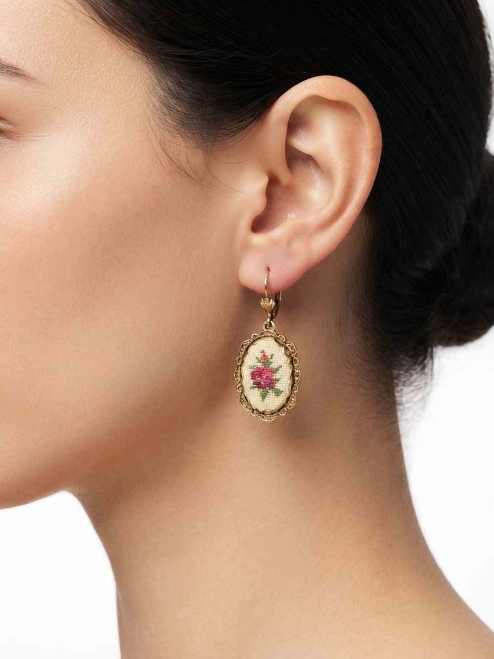 VintageGold Floral Drop Earrings - Pink Rose
